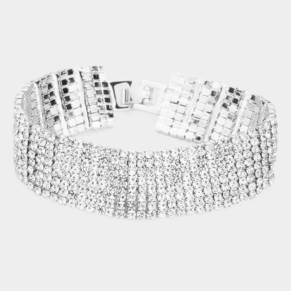 Silver 8 Row Rhinestone Evening Style Tennis Bracelet